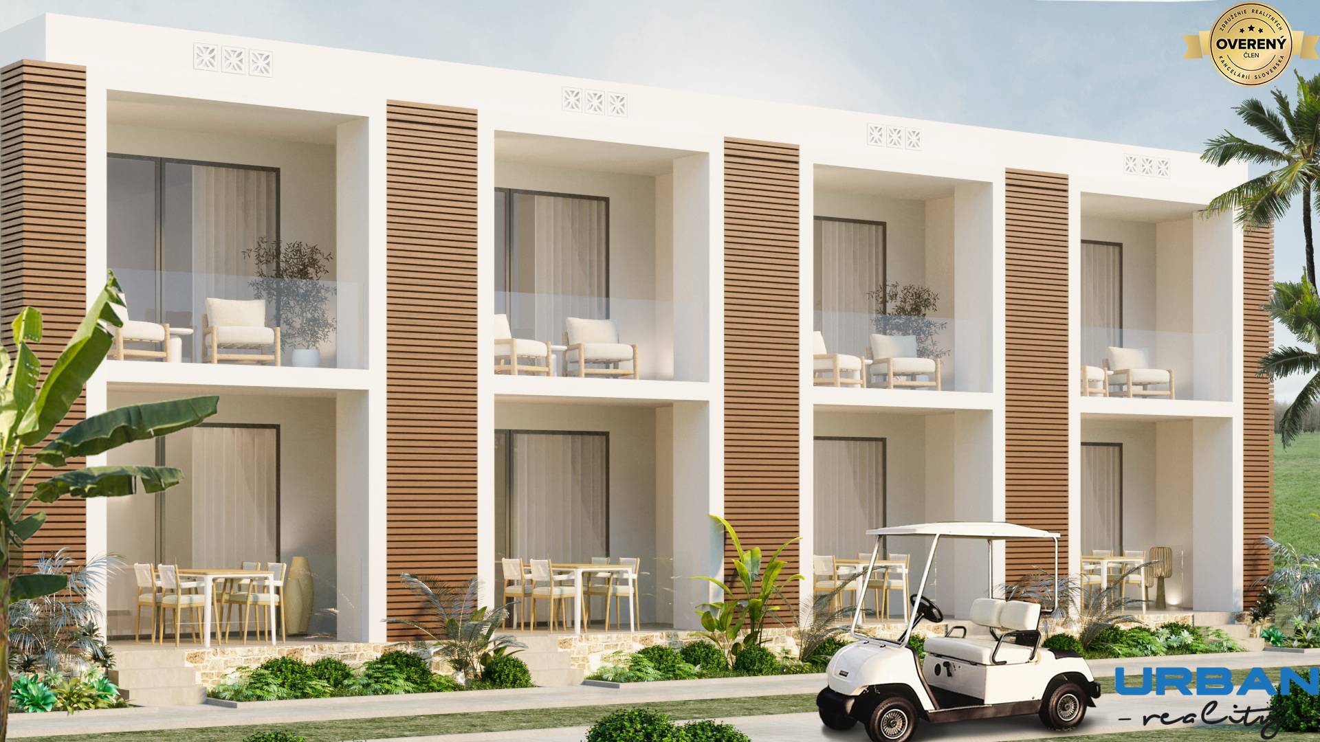 Moderná rezidencia v meste Paje so štýlovými exteriérmi a balkónmi.