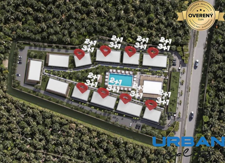 Pôdorys komplexu s 3-izbovými bytmi v Paje, uprostred zelene, pri bazéne.