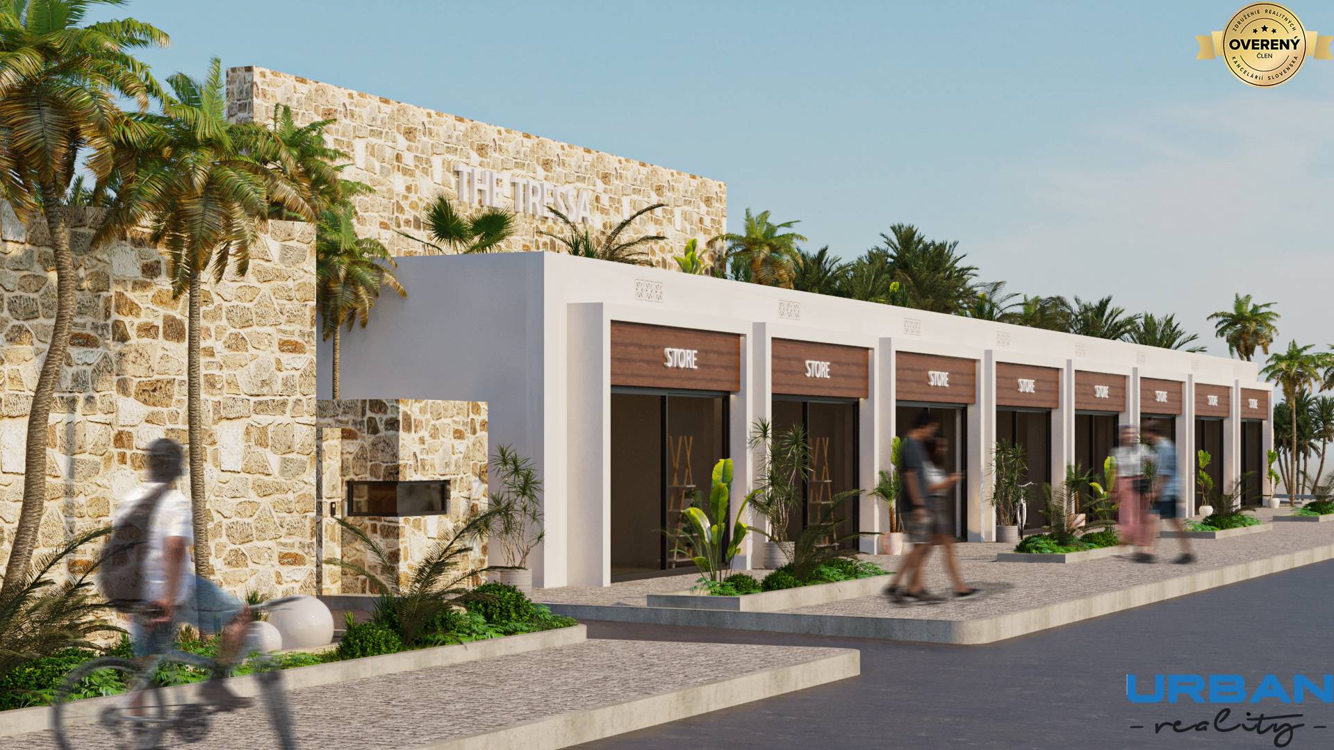 Kamenná budova s obchodmi a palmami v meste Paje.