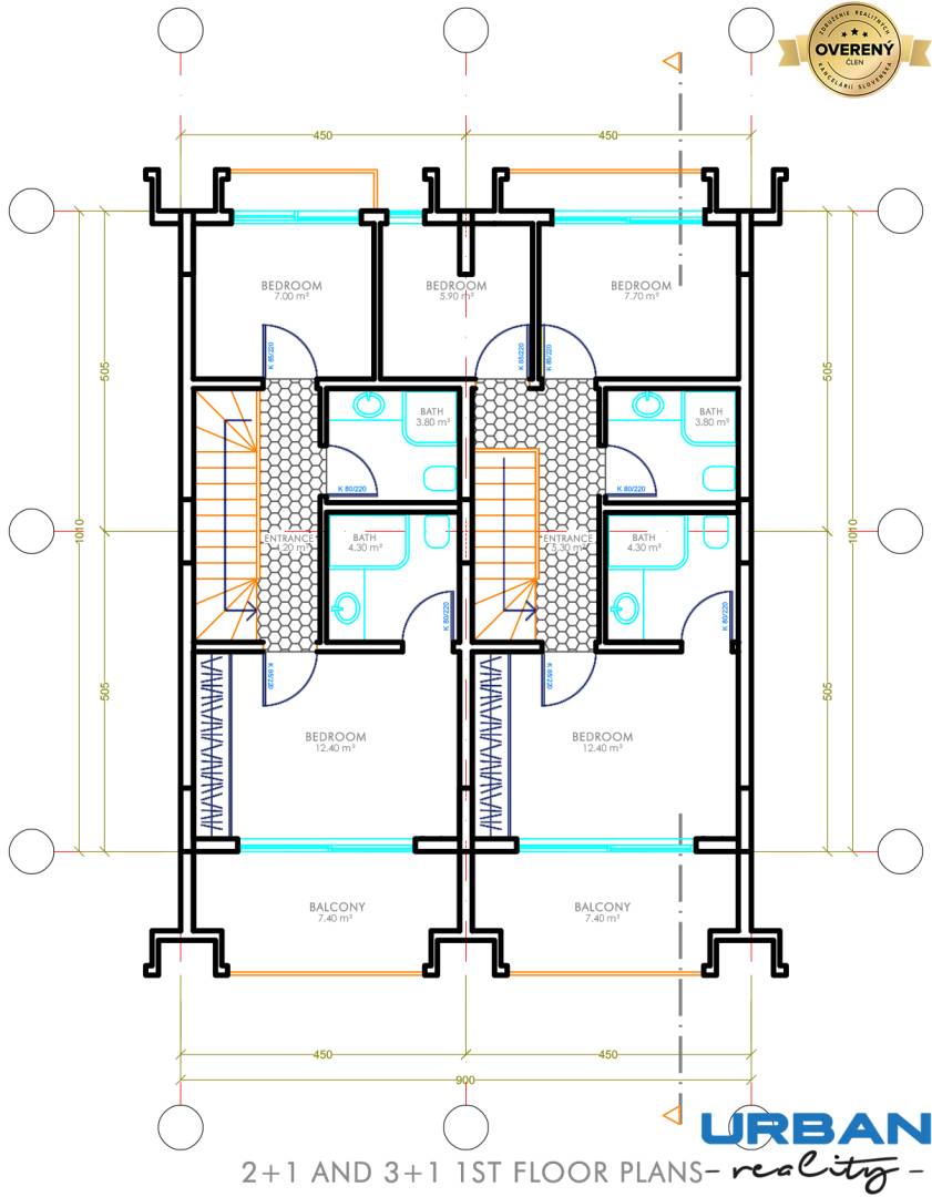 Pôdorys 3-izbového bytu s balkónmi a kúpeľňami.