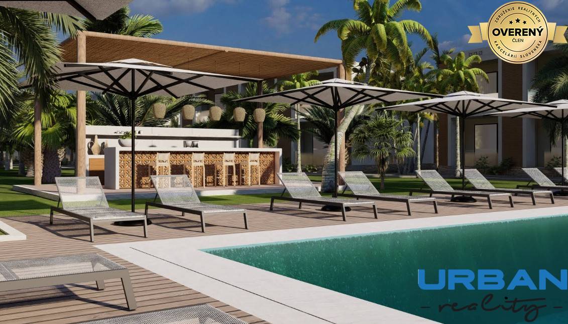 Lehátka vedľa bazénu s palmami a barom v Paje, pri trojizbovom byte.