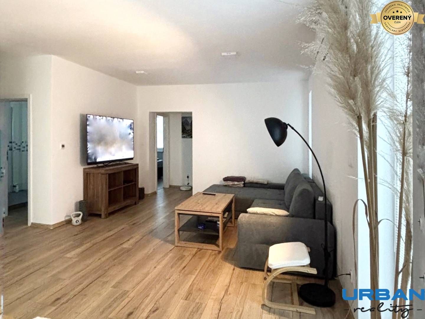 Obývačka s podlahou s dreveným dekorom v 3-izbovom byte, sivá sedačka a televízor.