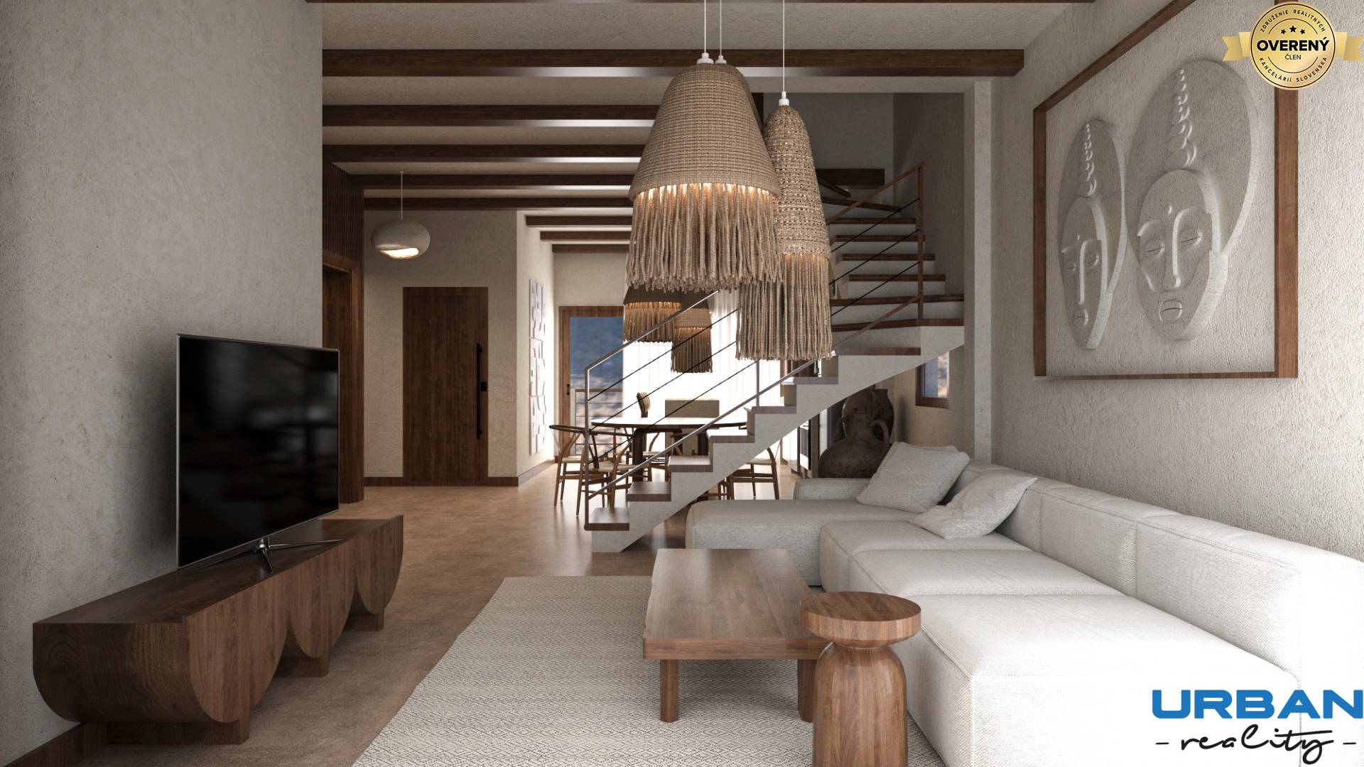 Štýlová obývačka, 4-izbový byt: biele sedačky, drevený dekor, dekoratívne masky, jedálenský stôl.