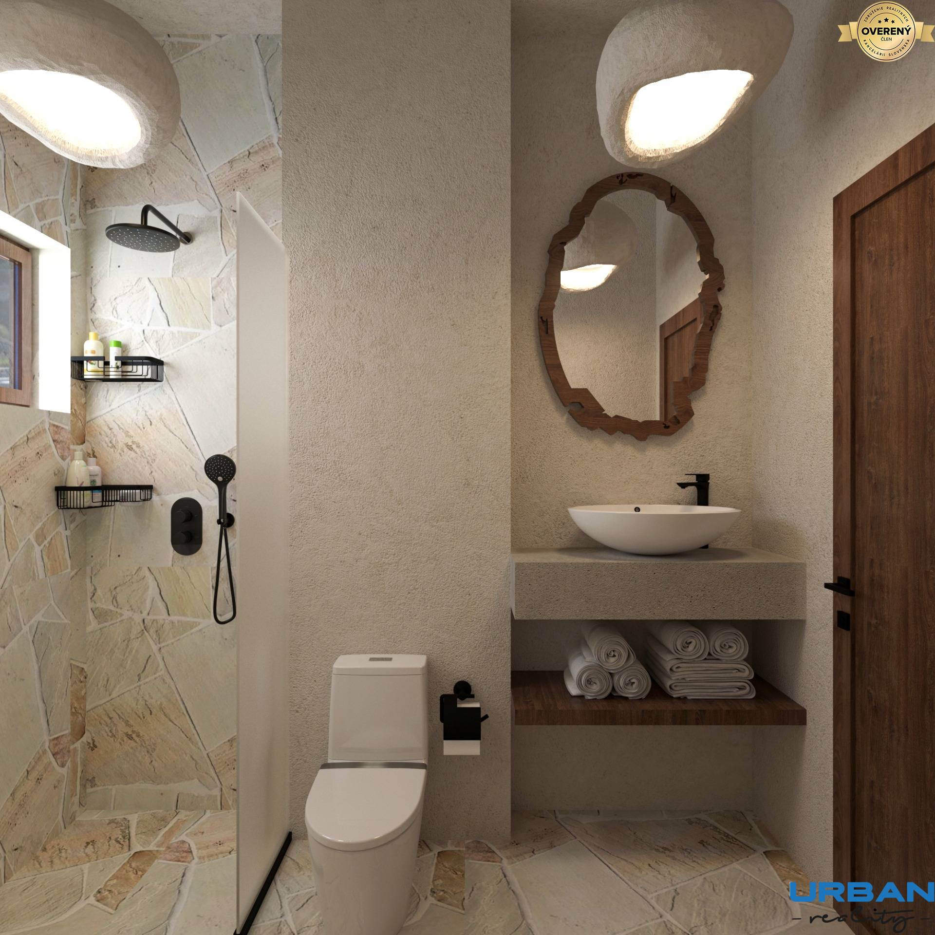 Kúpeľňa v 4-izbovom byte s umývadlom, sprchou a zrkadlom.