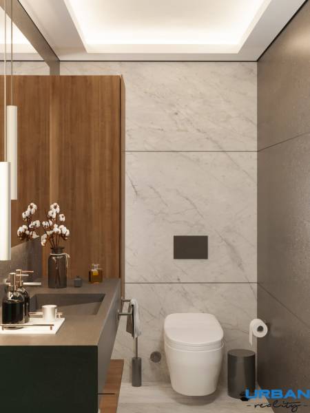 Kúpeľňa s mramorovými stenami, dreveným dekorom a závesným WC, Výstavba bytov.